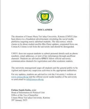 UUMYUK disclaimer notice to newly admitted students