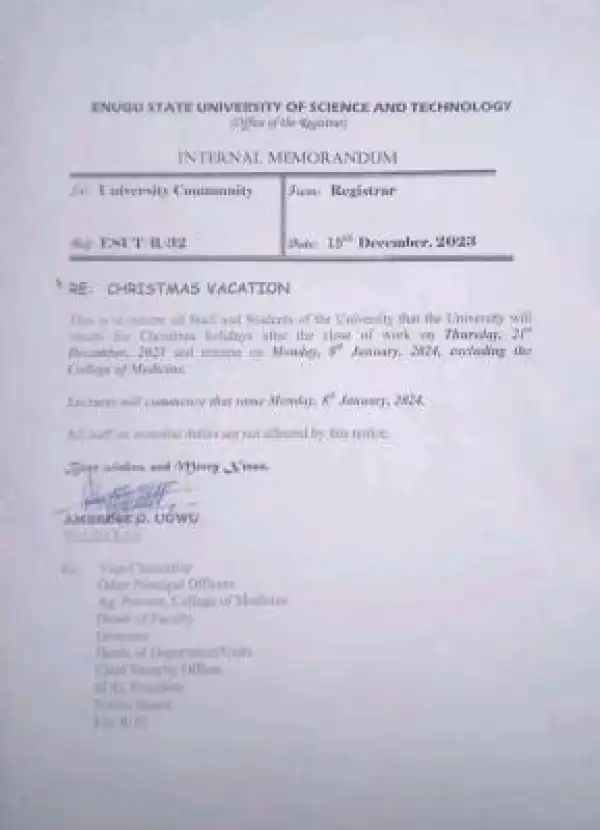 ESUT notice of Christmas break