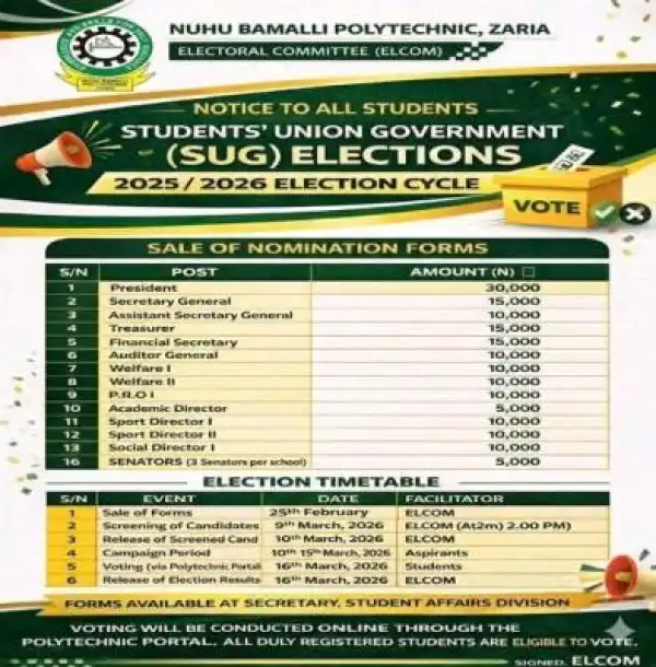 Nuhu Bamalli Polytechnic notice on SUG elections for 2025/2026 cycle