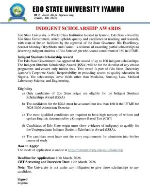 Edo State University announces 2025/2026 indigent scholarship awards