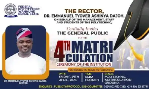Federal Poly Wannune announces 4th Matriculation Ceremony