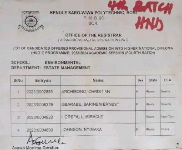 KENPOLY HND 4th Batch Admission List, 2023/2024