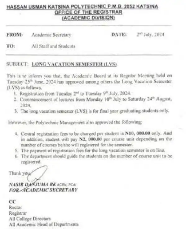HUKPOLY notice to final year graduating students on long vacation semester