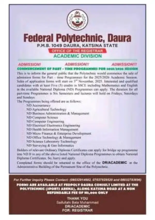 Federal Poly Daura announces sale of Part-time admission form, 2025/2026