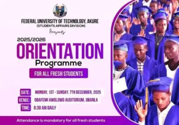 FUTA announces orientation programme for fresh students, 2025/2026