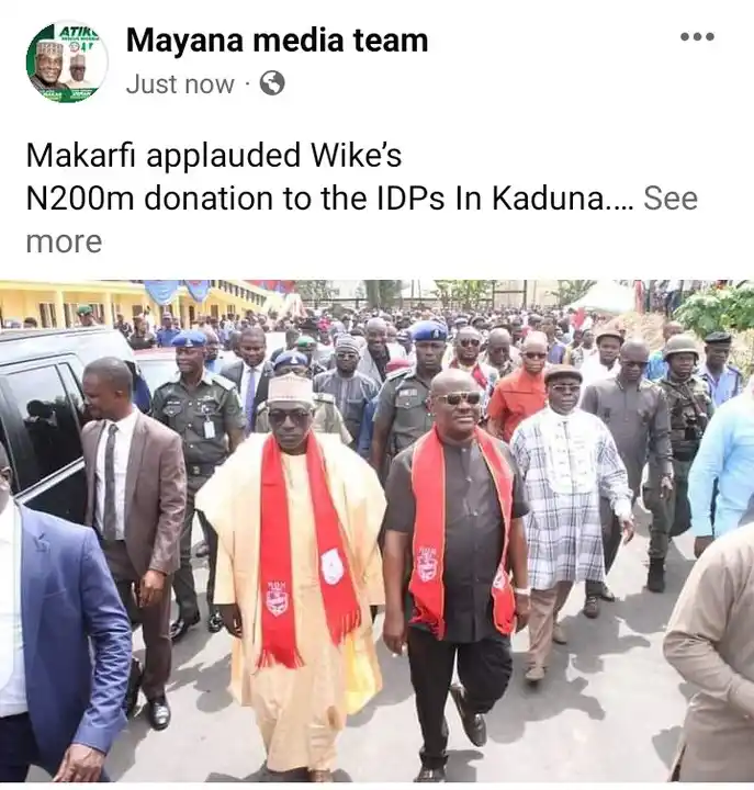 Makarfi Applauded Wike’s N200m Donation To The Idps In Kaduna