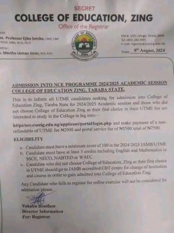 College of Education Zing releases NCE admission form, 2024/2025