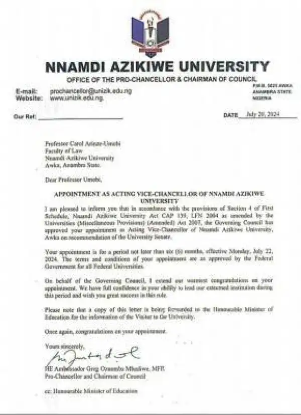 UNIZIK sacks Prof Ikechebelu, appoints female acting VC