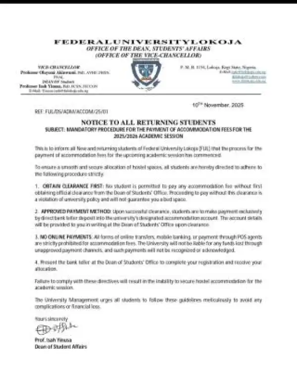 FULOKOJA notice to students on payment of accommodation fees