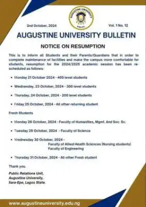 Augustine University notice of resumption, 2024/2025