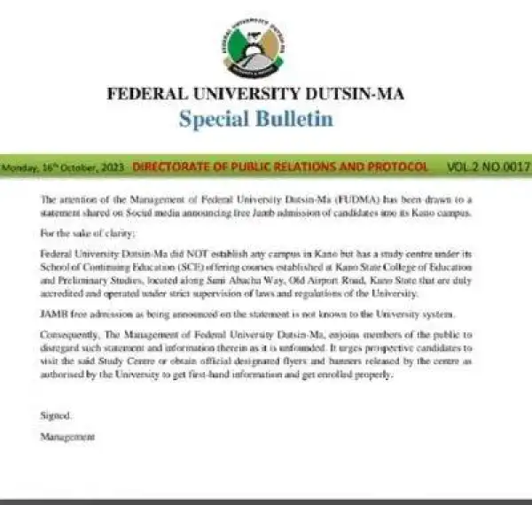 FUDUTSIN-MA debunks fake news on free JAMB admission into it