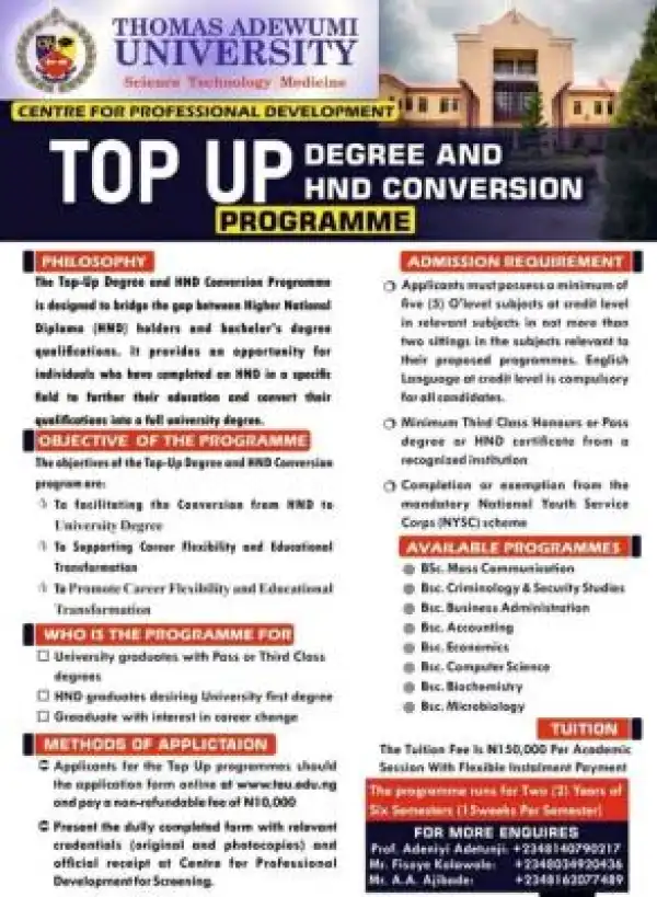 Thomas Adewumi University introduces Top-Up Degree and HND Conversion Programme