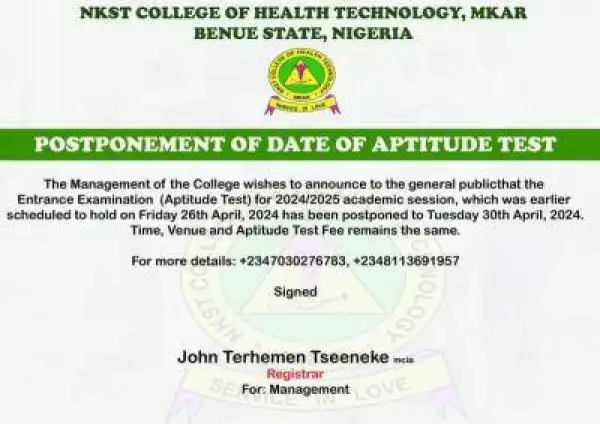 NKST college of health postpones aptitude test date