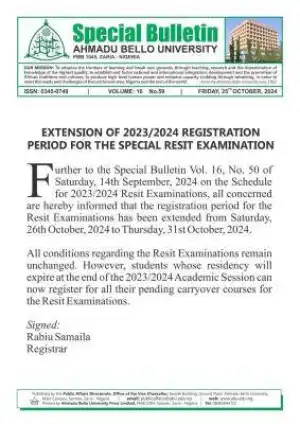 ABU Zaria extends registration period for special resit exams, 2023/2024