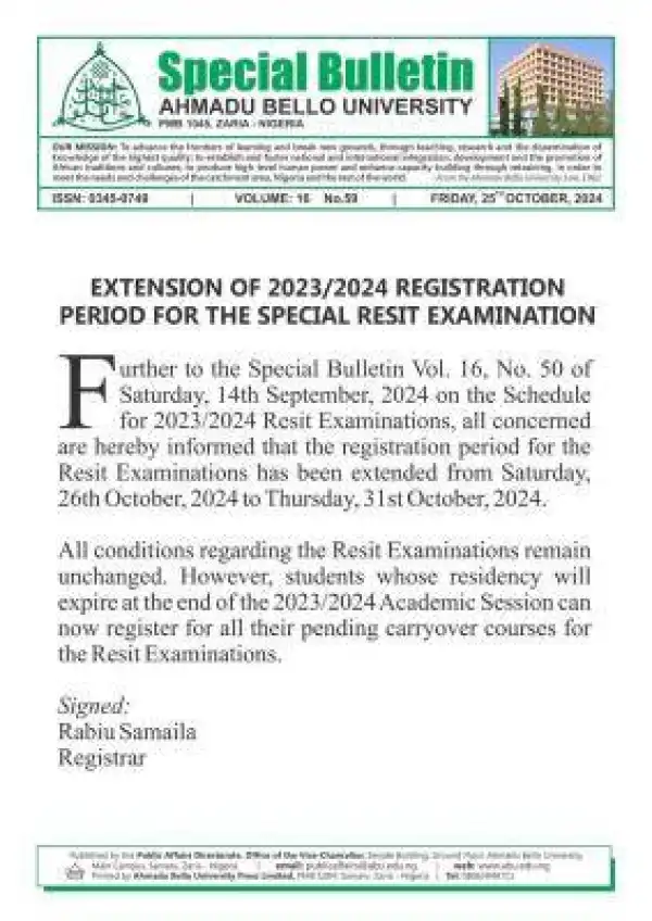 ABU Zaria extends registration period for special resit exams, 2023/2024