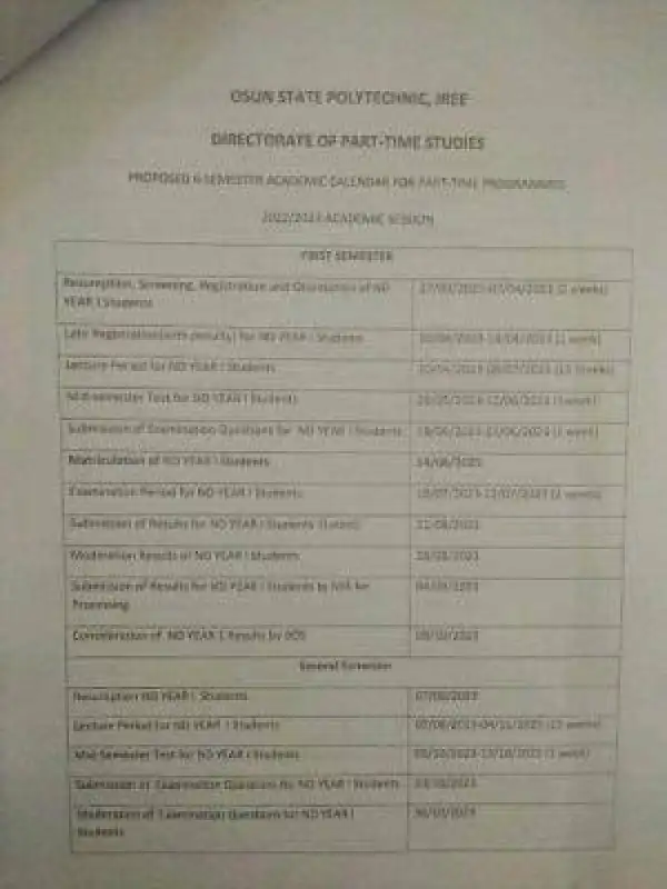 OSPOLY proposed academic calendar for part time, 2022/2023