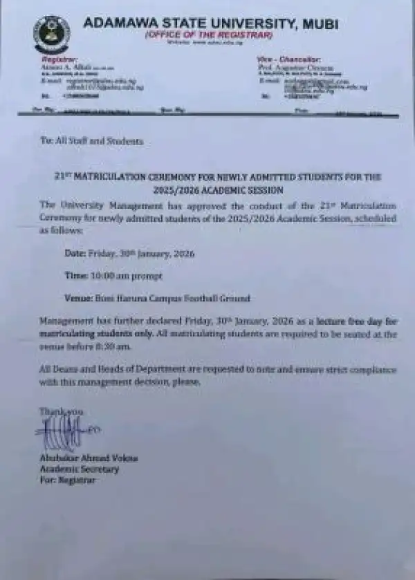 Adamawa State University to hold 21st Matriculation Ceremony on January 30