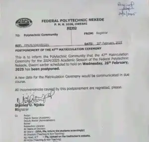 Fed Polytechnic, Nekede postpones 47th Matriculation ceremony