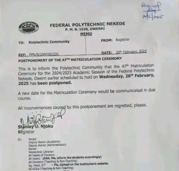 Fed Polytechnic, Nekede postpones 47th Matriculation ceremony