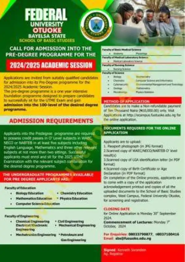 FUOTUOKE Pre-degree Admission for 2024/2025 session