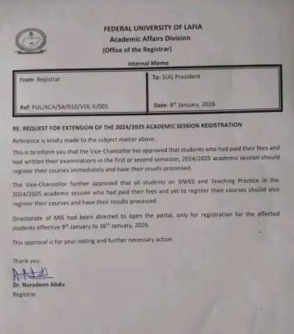 FULAFIA notice on one week extesnion of registration, 2024/2025