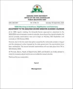 KASU issues notice on adjustment of second semester academic calendar, 2023/2024