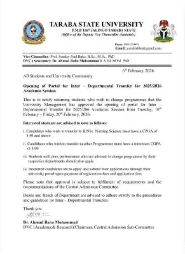 TSU opens portal for Inter-departmental transfer for 2025/2026 session