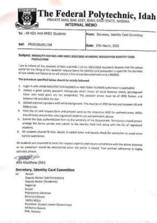 Fed Poly Idah notice to NDI and HND I students on ID card production