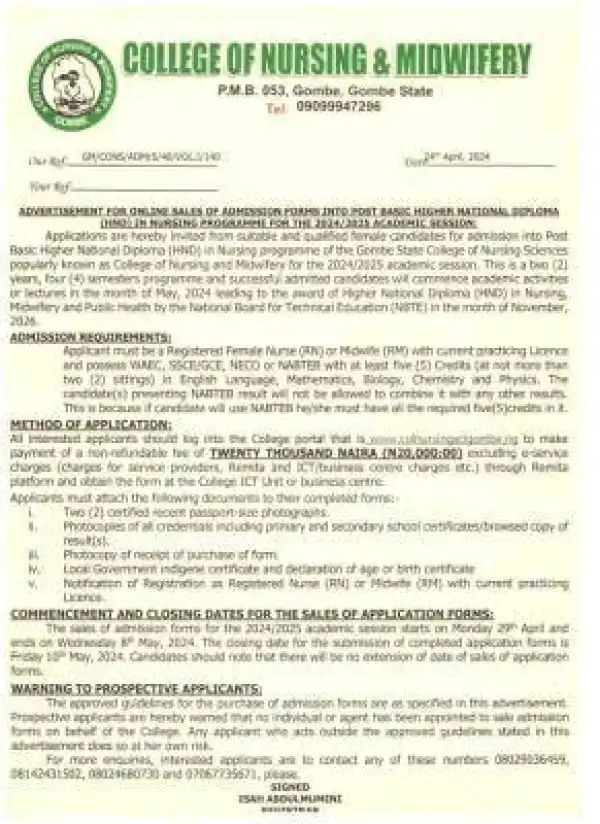 College of Nursing & Midwifery, Gombe Post Basic HND in Nursing, 2024/2025