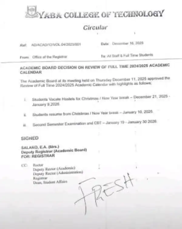 YABATECH reviews 2024/2025 Academic Calendar, announces Christmas Break and Exam Dates