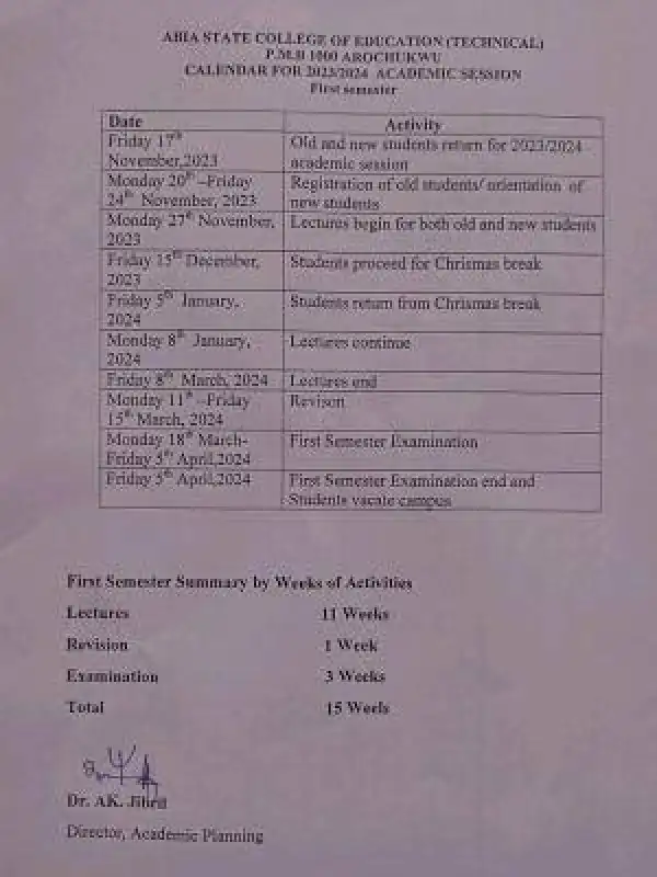 Abia State COE (Tech), Arochukwu 1st semester academic calendar, 2023/2024