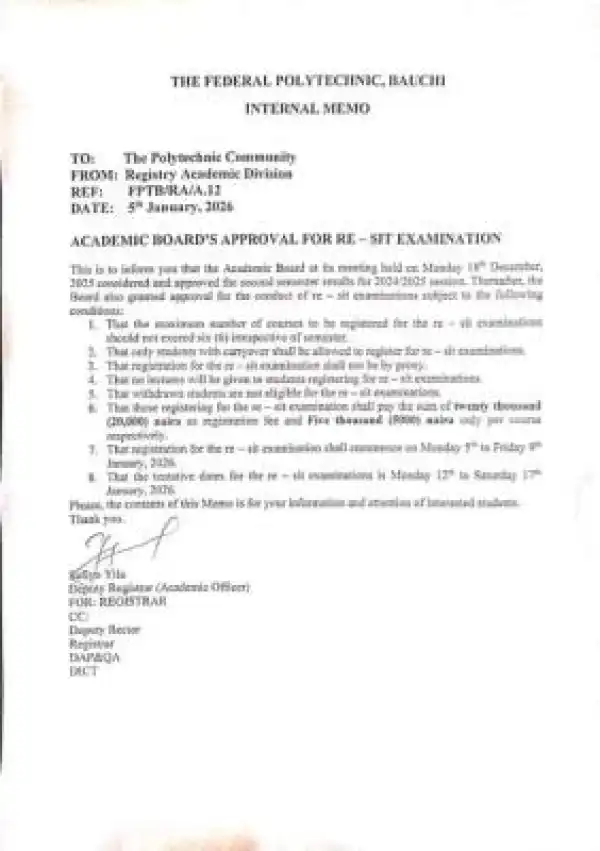 Federal Polytechnic, Bauchi, Academic Board approves re-sit examinations