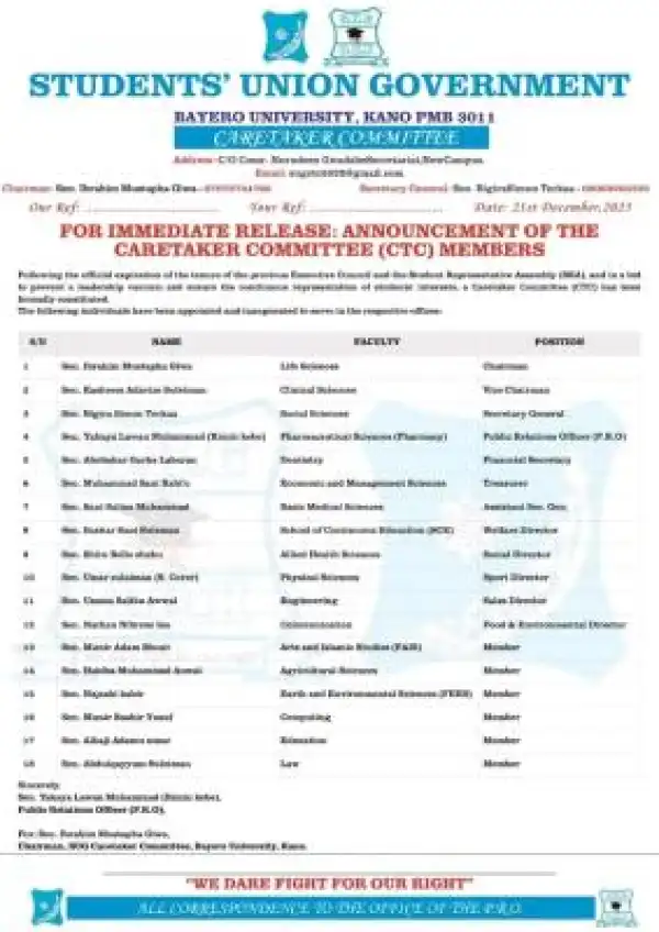 BUK SUG announces caretaker committee members