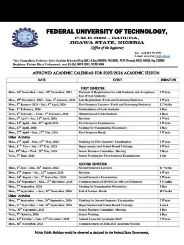 Federal University of Technology, Babura approved academic calendar, 2025/2026
