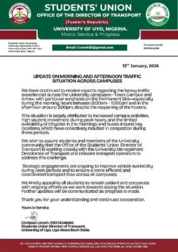 UNIUYO SUG update on traffic situation within the campus