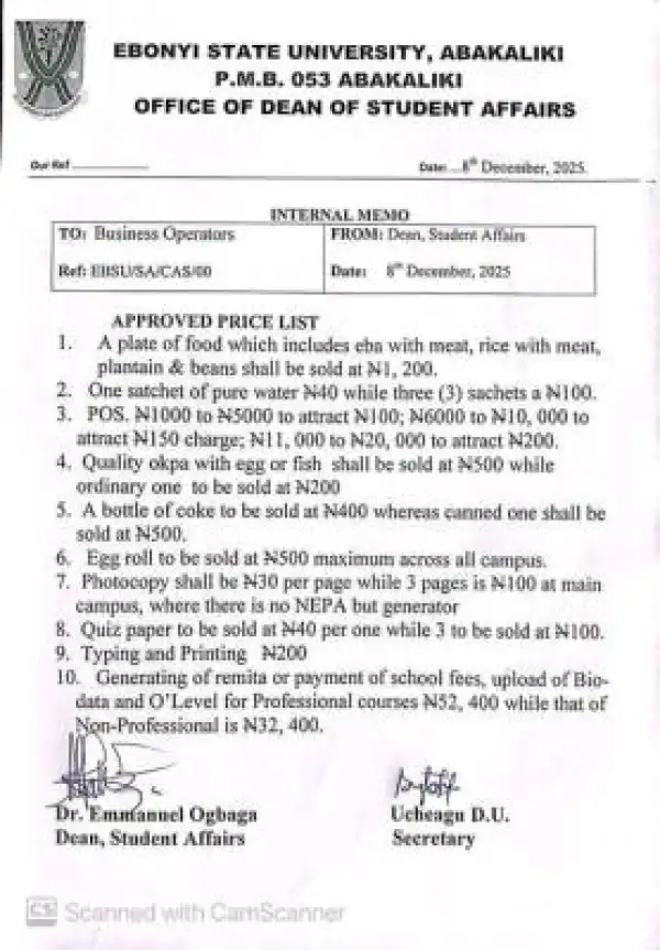 EBSU announces approved price list for campus businesses