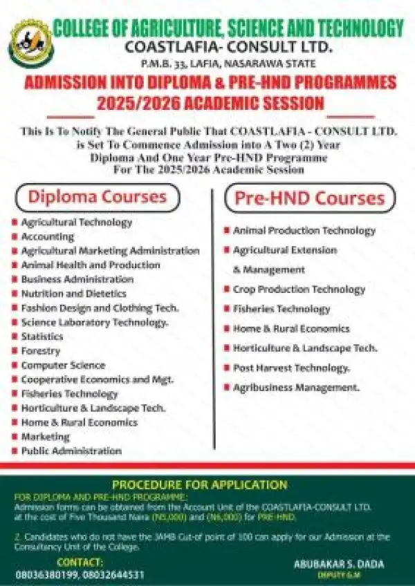 College of Agriculture, Science & Tech. Lafia Diploma/Pre-HND Admission form, 2025/2026