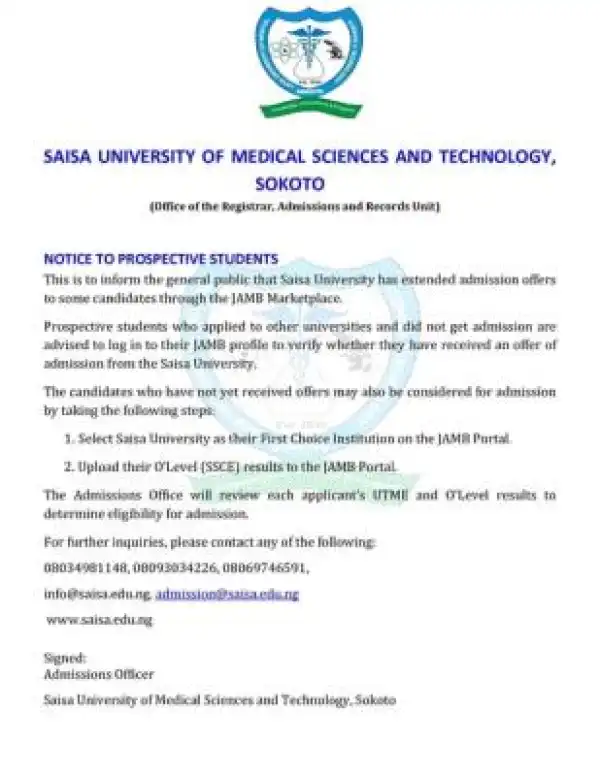 Saisa University notice to prospective students on admissions, 2025/2026