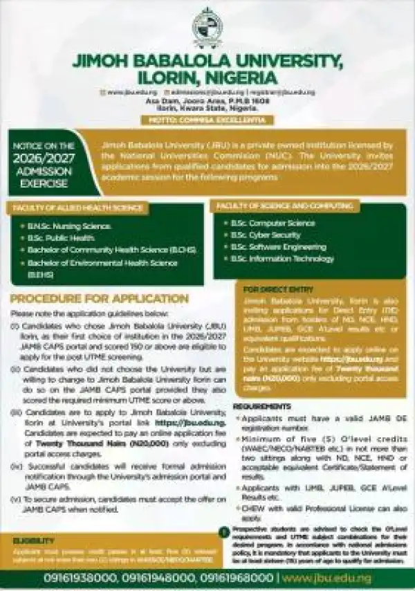 Jimoh Babalola University (JBU), Ilorin announces undergraduate admission, 2026/2027