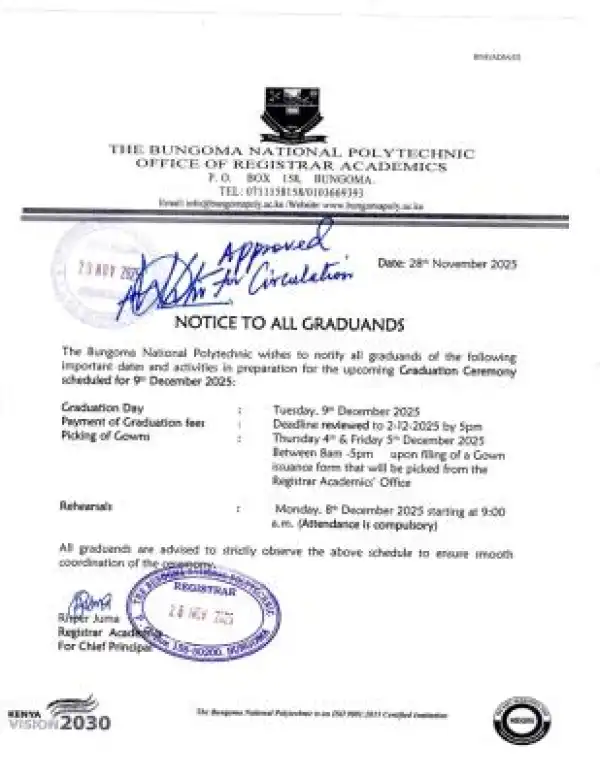 Bungoma National Polytechnic announces key dates for 2025 graduation ceremony