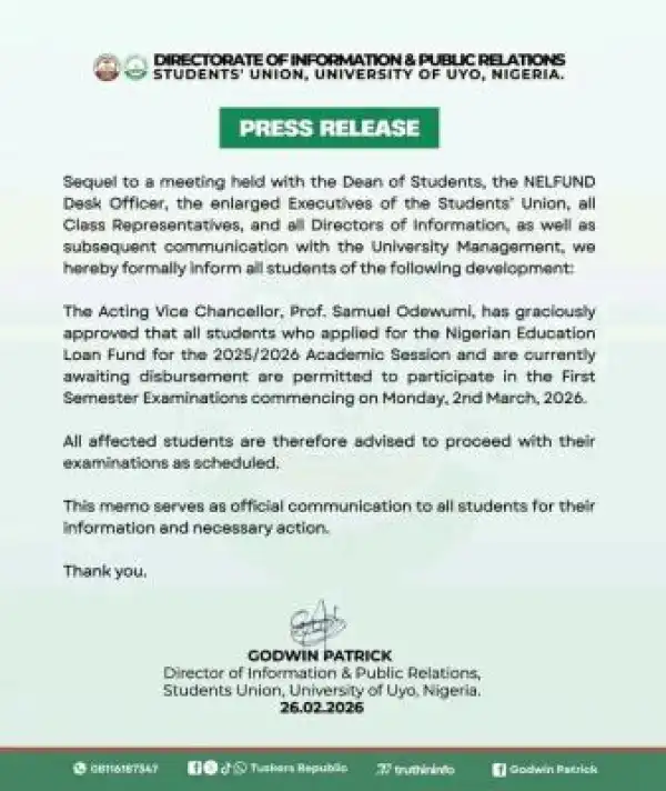 UNIUYO SUG notice on exam participation for students awaiting NELFUND loans