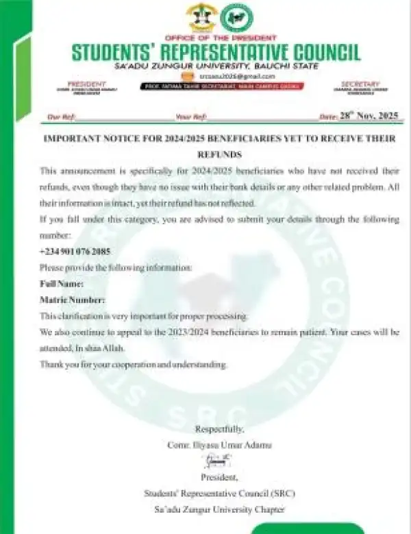 SAZU Students Council notice to 2024/2025 NELFUND beneficiaries yet to get refunds