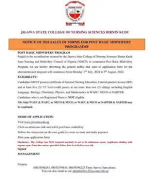 Jigawa State College of Nursing Sciences sales of form for Post Basic Midwifery Programme, 2024/2025