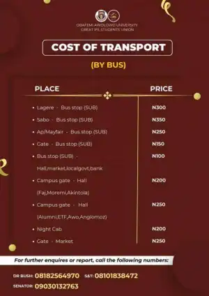 OAU SUG notice to students on cost of transportation within the campus