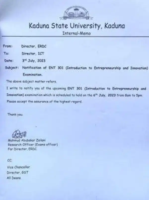 KASU notice on ENT 301 (Introduction to Entrepreneurship and Innovation) examination