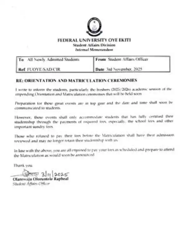 FUOYE announces orientation ceremony for freshers, 2025/2026