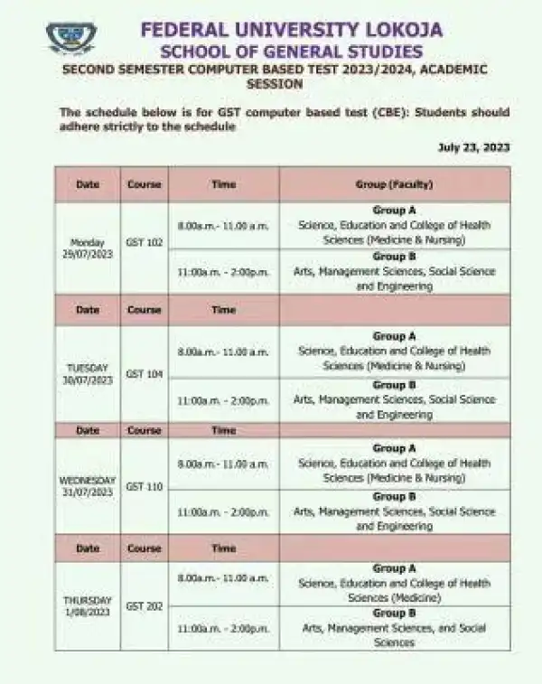 FULOKOJA releases second semester GST CBT schedule, 2023/2024