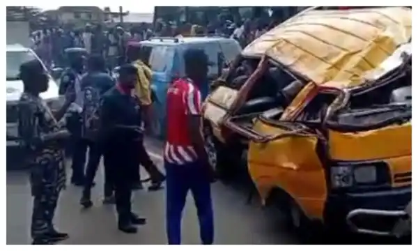 One dead, six injured as speeding bus crashes into parked tipper in Lagos