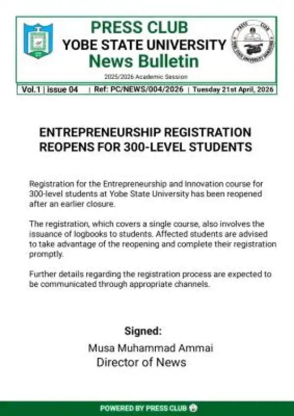YSU notice on reopening of entrepreneurship registration for 300 level students