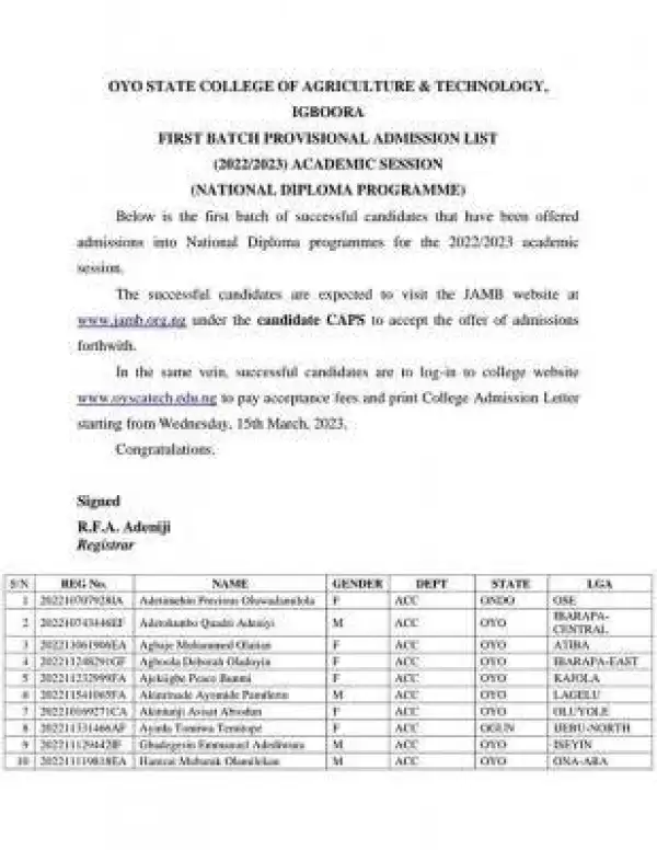 Oyo State College Of Agriculture ND 1st batch Provisional admission list, 2022/2023